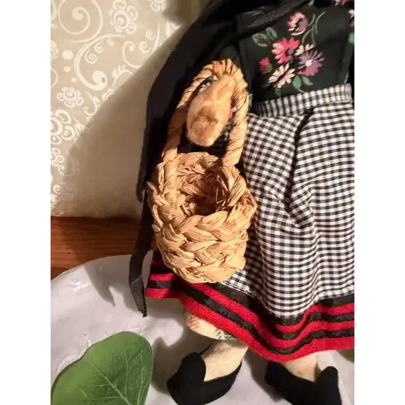 Vintage Handmade Folk Art Doll with Woven Basket - Picture 4 of 8